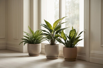 Indoor houseplants in ceramic pots on the floor, minimalist home decor concept