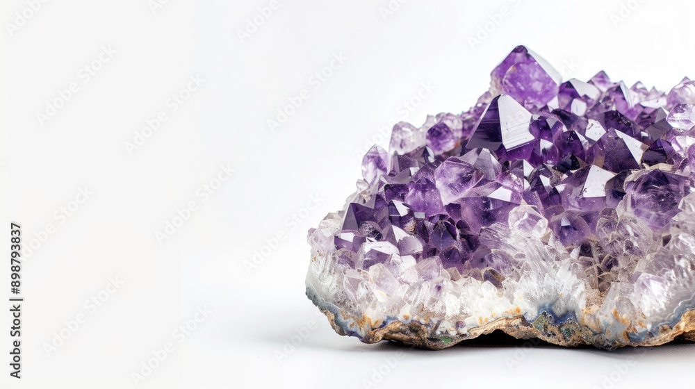 Poster focus on amethyst geode on white background front view text space