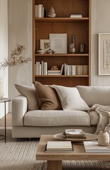 Minimalist Scandinavian living room with pastel beige sofa, coffee table, and bookcase for simplicity