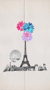 2D animation of design or art collage about Paris. Fashion vintage style. Travel, Vacation concept