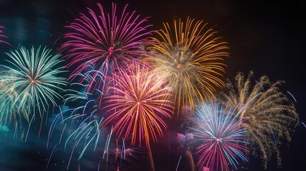 Fireworks with radiant colors on a black background, Celebration, vibrant night sky festivity