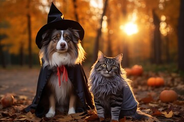 Dogs in halloween costumes in the forest