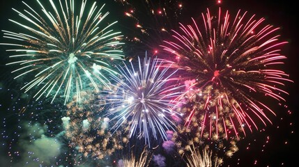 Fototapeta premium Sparkling fireworks with vivid trails on a black sky, Celebration, festive night-time explosion