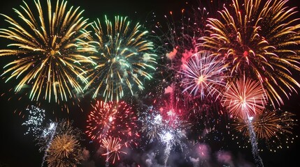 Vivid fireworks burst in the night sky, Celebration, black background showcasing colorful brilliance