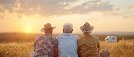  Two men seated side by side atop a verdant field during sunset