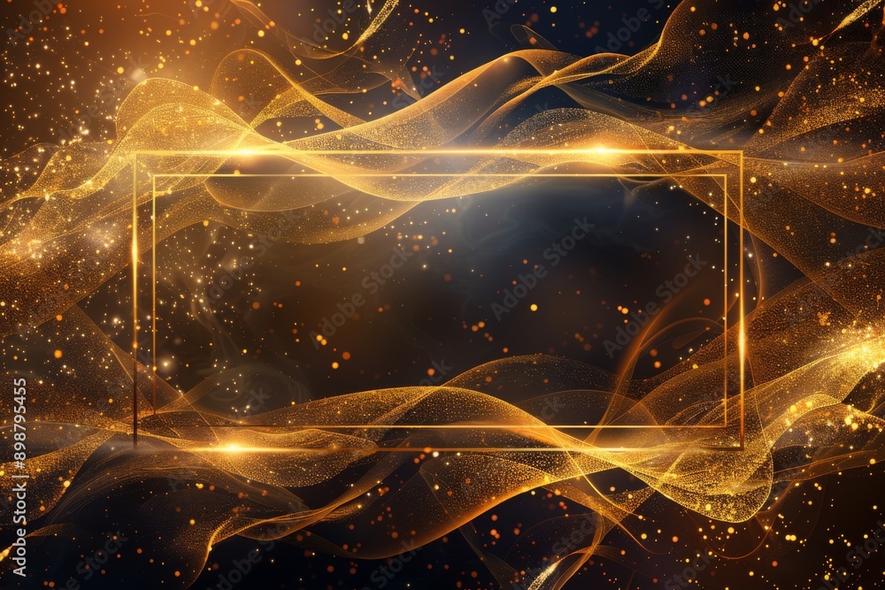 Poster abstract golden and black layered background with rectangular frame and elegant flowing shapes