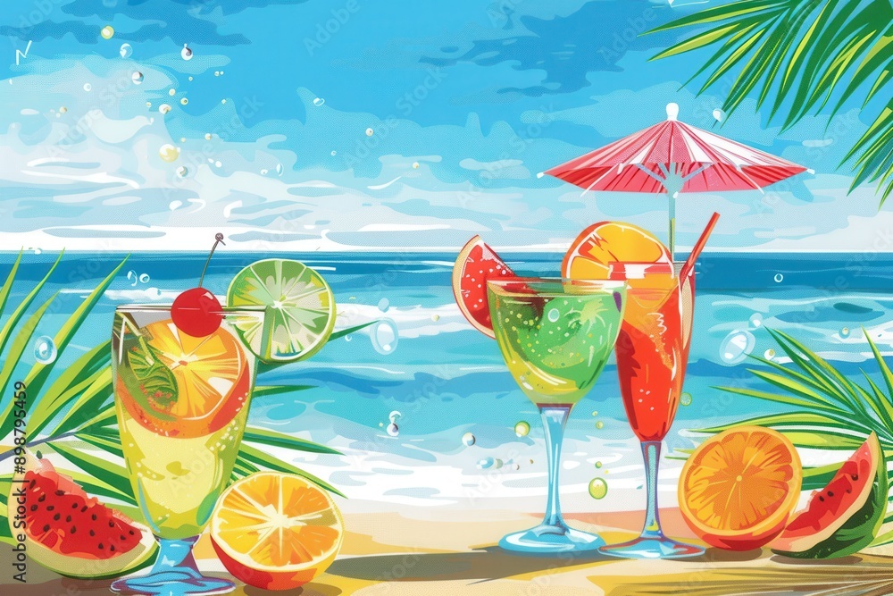 Poster three colorful cocktails adorned with fruit and umbrellas rest on a beach, with the ocean and sky in