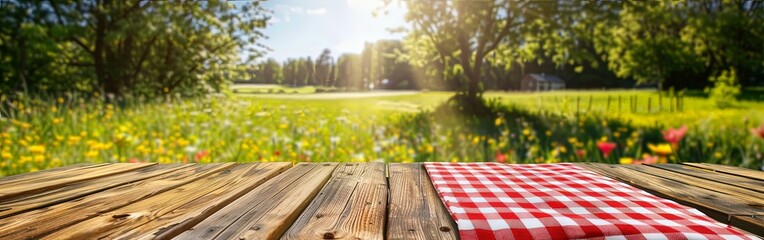 Wooden Table Overlooking Green Meadow under Blue Sky