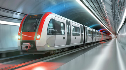 Fototapeta premium Modern train speeding through a subway tunnel. ..