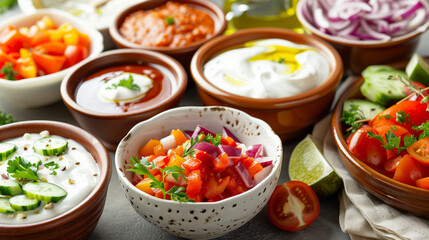 Assortment of colorful dips and salads in bowls...