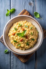 Italian Saffron Risotto on a concrete background, top view. Risotto alla Milanese
