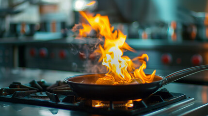 Intense fire flame under a black frying pan placed on the stove in a restaurant kitchen.