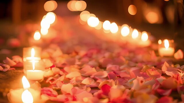 A romantic setting with soft pink rose petals tered along a candlelit path creating a dreamy and intimate atmosphere.