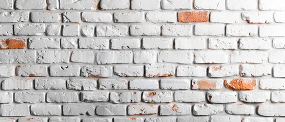  A tight shot of a brick wall, revealing white and orange paint in various stages of peel