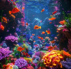 Fototapeta premium Vibrant Coral Reef Scene With Colorful Fish and Abundant Marine Life