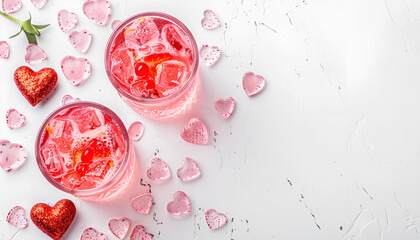 Festive pink cocktail for Valentine's day, couple of glasses, white background with hearts, top view