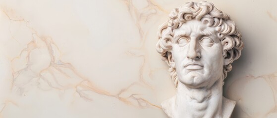 A marble bust of a man's head against a marbled wall with a consistent marble background pattern