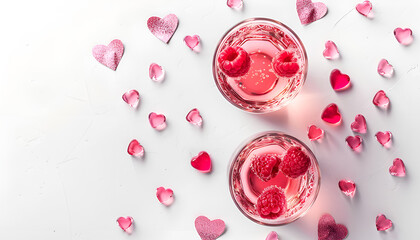 Fototapeta premium Festive pink cocktail for Valentine's day, couple of glasses, white background with hearts, top view