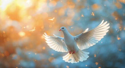 Fototapeta premium White Dove Soaring Through Blue Sky With Fluffy Clouds