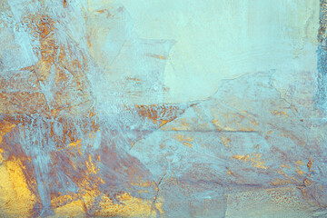 Grunge paper texture painting collage wall. Abstract gold, blue scratch copy space background.