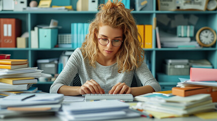A telephoto angle photo of a secretary typing on a computer keyboard, with office documents and stationery around her, with copy space