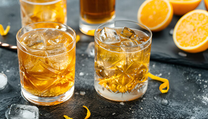 Penicillin alcoholic cocktail with scotch, whiskey, honey ginger syrup, lemon juice and ice in glass garnished with orange zest