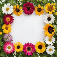 summer flower creative layout Daisy cosmos blanket aster zinnia tickseed sunflower and doronicum flowers isolated on white background Floral frame border Design element Top view flat 