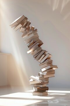 Books stacked high with unstable balance Concept knowledge library digital art.
