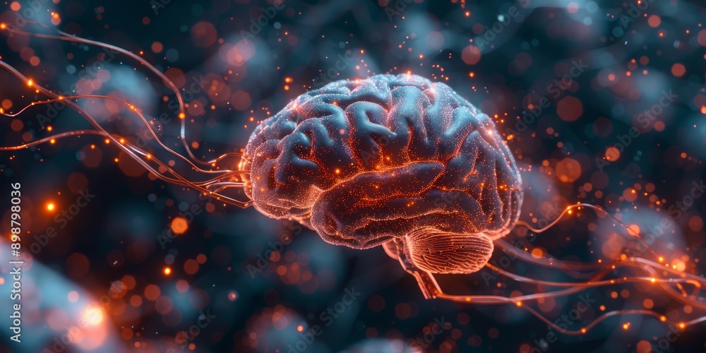 Poster human brain with glowing neural connections and orange particles in a dark abstract background