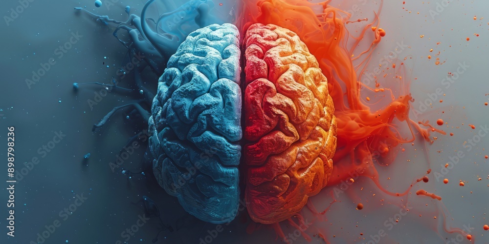 Poster abstract representation of a human brain split into blue and red halves with colorful splashes in th