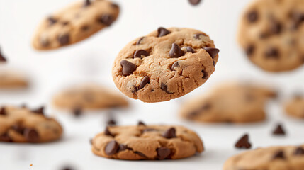 Floating Chocolate Chip Cookies with Chunks on White Background 
