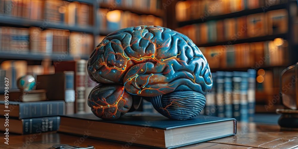 Poster human brain with glowing neural pathways placed on a book in a library setting