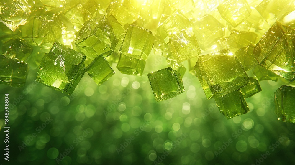 Poster a cluster of emerald boxes dangling from a ceiling against a verdant backdrop, illuminated by soft h