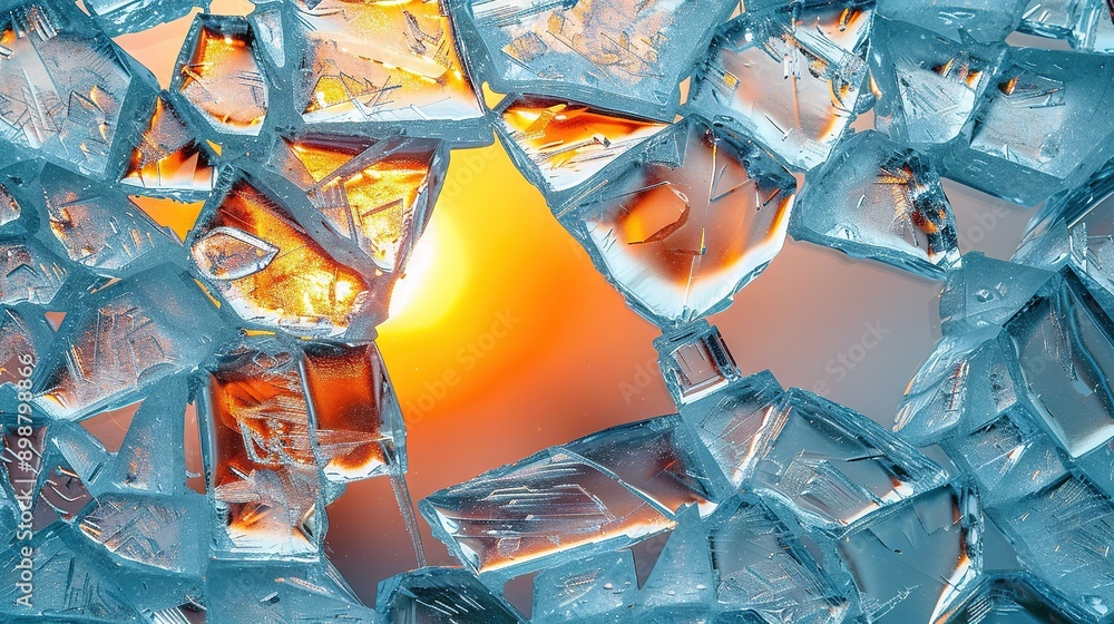 Poster a close-up of ice cubes with a bright light illuminating them, positioned at the center of the photo