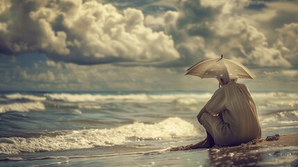 Fototapeta premium A reflective image of an old person holding an umbrell and gazing out at the sea, the waves gently lapping the shore, and a sense of calm and introspection