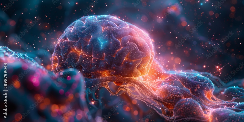 Poster human brain with colorful neural pathways and glowing particles in a dark, abstract environment