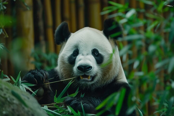 Obraz premium Giant Panda Eating Bamboo in a Natural Habitat