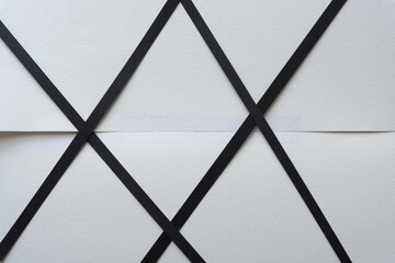 grungy blank paper background and tape on which sits black paper stripes or lines arranged in diamond pattern