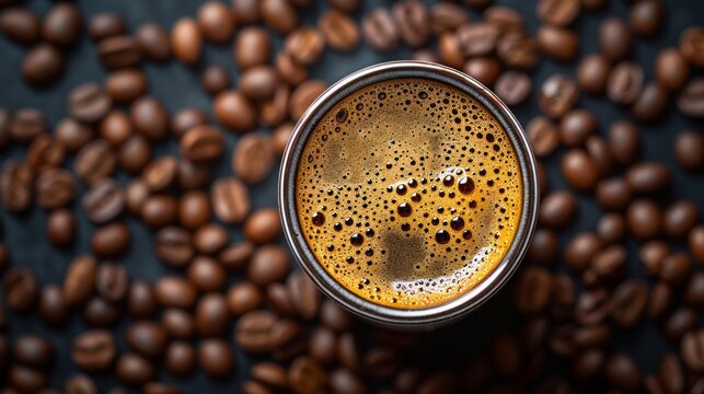 Glass cup of freshly brewed coffee with crema on a dark background, surrounded by roasted coffee beans, ready to jumpstart your day