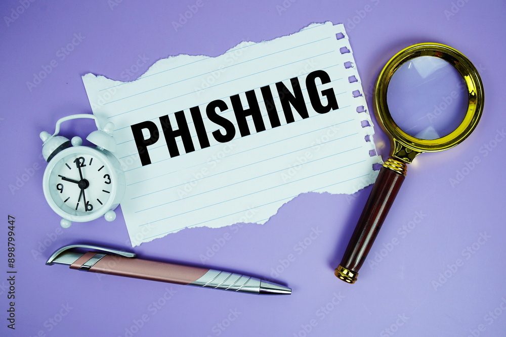Poster phishing text on paper torn with alarm clock and magnifying glass top view on purple background