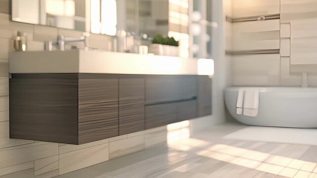 A neutral bathroom with wide horizontal beige and white stripes on the walls and a white and grey tiled floor. The floating espresso vanity and chrome fixtures give a modern edge to