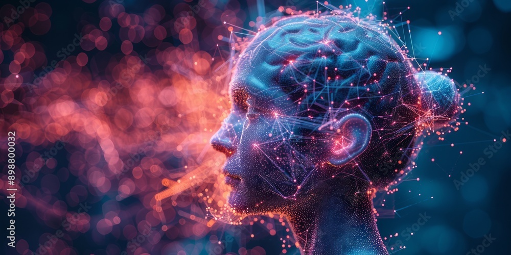 Poster profile of a human head with glowing neural connections and colorful particles in an abstract backgr