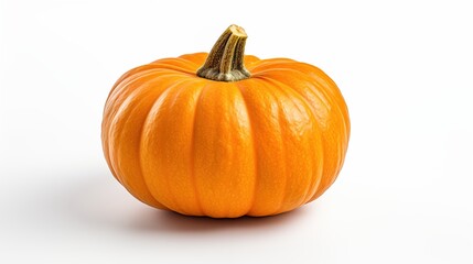 A bright orange pumpkin with a textured surface and a green stem, set against a white background. The pumpkin is round and has deep grooves, showcasing its vibrant color and natural shape.