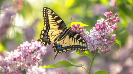 Obraz premium Butterfly resting on a lilac tree in bloom