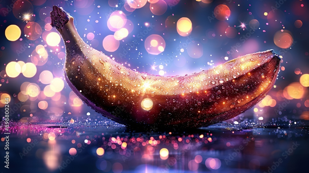 Poster a banana on a table against a solid background with soft focus highlights in the background