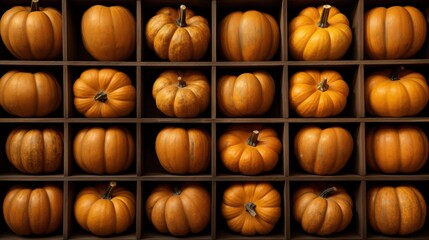 A collection of various pumpkins arranged neatly in a grid. The pumpkins vary in size and shape, showcasing rich orange hues and textures. 