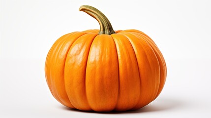 Obraz premium A vibrant orange pumpkin with a thick stem, showcasing its smooth, ribbed surface. The pumpkin is placed against a plain white background, emphasizing its bright color and shape.