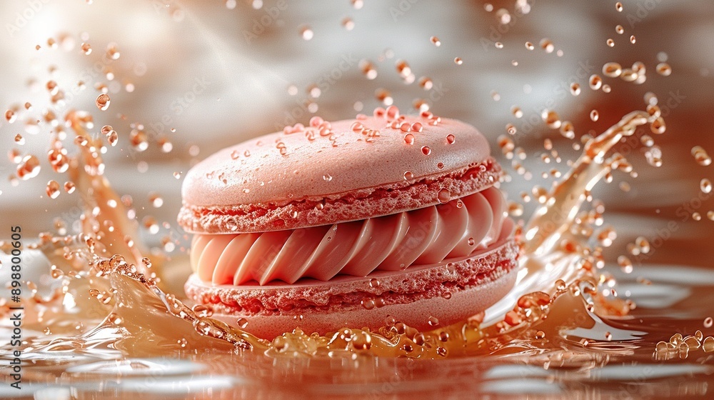 Poster a close-up of a doughnut with icing and sprinkles on a surface with water splashing around it