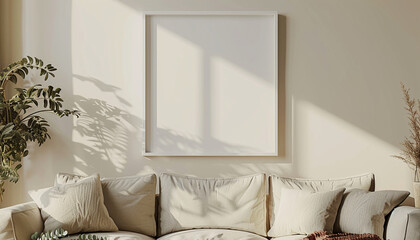 Bright and airy living room neutral tones with empty frame
