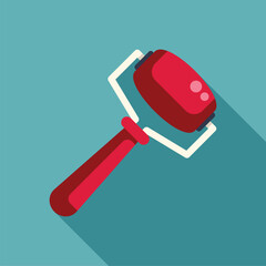 Red paint roller painting a wall teal, depicting home improvement and diy projects